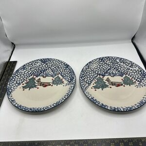 Folk Craft Tienshan Cabin in the Snow Stoneware Dinner Plates 2- Red Dots 10.25"